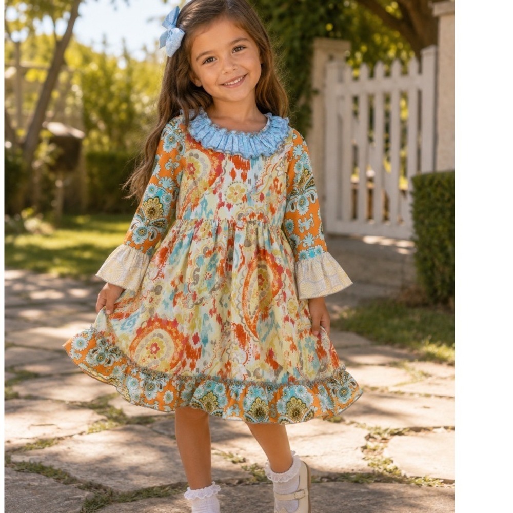 Sage & Lilly Girls Orange Paisley Floral Ruffle Boutique Dress Long Sleeve Sz 5